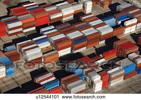 Aerial view of cargo containers piled together. View Large Photo Image Stock Image - Aerial view of cargo containers piled together. . Fotosearch