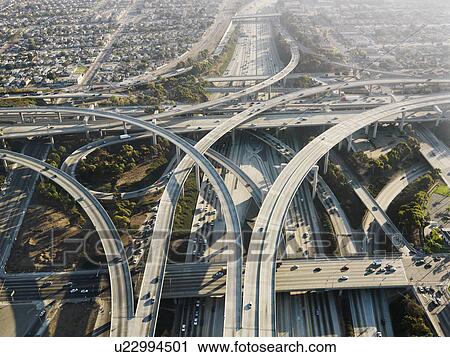 Aerial view of complex highway interchange in Los Angeles California View Large Photo Image Stock Image - Aerial view of complex highway interchange in Los Angeles California . Fotosearch