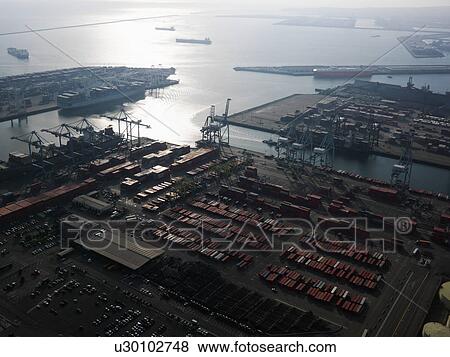 Aerial view of dock with cargo containers for shipping in Los Angeles, California View Large Photo Image Stock Photo - Aerial view of dock with cargo containers for shipping in Los Angeles, California. Fotosearch