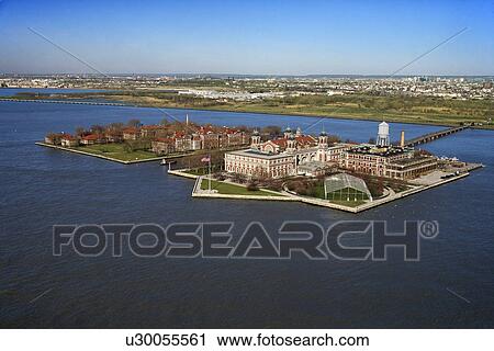 Stock Image - Aerial view of Ellis Island, New York City.. Fotosearch