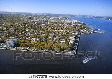 Aerial view of harbor and buildings in Charleston, South Carolina View Large Photo Image Stock Photo - Aerial view of harbor and buildings in Charleston, South Carolina. Fotosearch