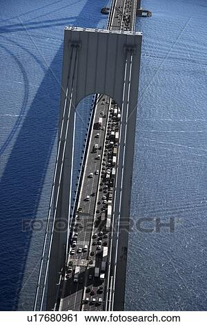 Stock Image - Aerial view of traffic on Verrazano-Narrows Bridge in New York City. Fotosearch