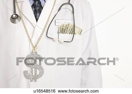 Stock Photograph - Caucasian mid adult male physician with dollar sign necklace and cash hanging out of pocket.. Fotosearch