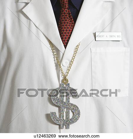 Stock Photo - Close up of doctor wearing necklace with over-sized dollar sign.. Fotosearch