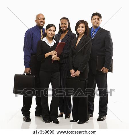 Multi-ethnic business group of men and women standing with briefcases looking at viewer. View Large Photo Image Stock Photograph - Multi-ethnic business group of men and women standing with briefcases looking at viewer.. Fotosearch