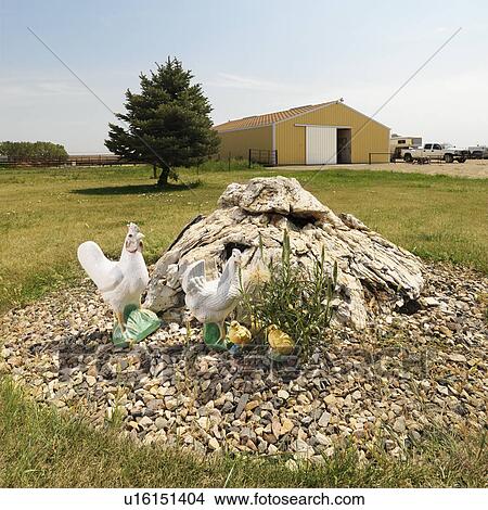 Yard art by farm building with rocks and chickens. View Large Photo Image Picture - Yard art by farm building with rocks and chickens.. Fotosearch