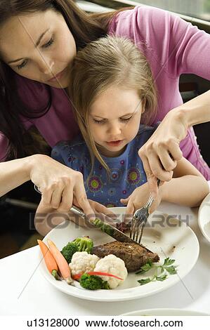 Caucasian mother helping cut meat for her daughter. View Large Photo Image Stock Image - Caucasian mother helping cut meat for her daughter.. Fotosearch
