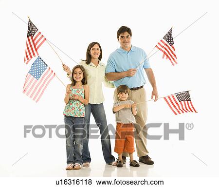 Stock Photo - Hispanic family holding American flags.. Fotosearch