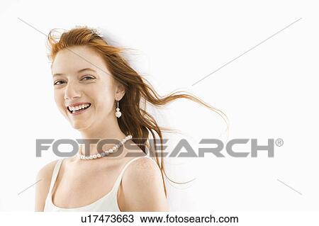 Stock Image - Portrait of Caucasian bride with blowing hair.. Fotosearch