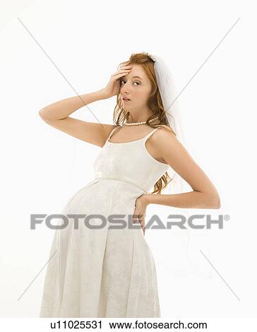 Pregnant Caucasian bride with one hand on her back and the other on her forehead. View Large Photo Image Stock Image - Pregnant Caucasian bride with one hand on her back and the other on her forehead.. Fotosearch
