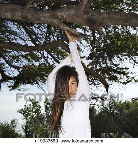 Young adult Asian female hanging from a tree looking at viewer. View Large Photo Image Stock Image - Young adult Asian female hanging from a tree looking at viewer.. Fotosearch
