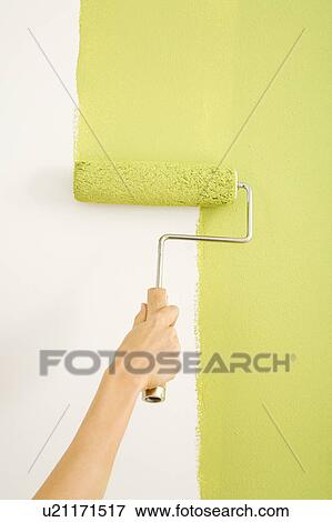 Female hand painting on wall with roller View Large Photo Image Stock Photo - Female hand painting on wall with roller. Fotosearch