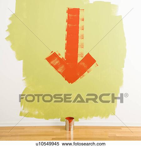 Red arrow painted on wall pointing to can of paint on floor. View Large Photo Image Stock Photography - Red arrow painted on wall pointing to can of paint on floor.. Fotosearch
