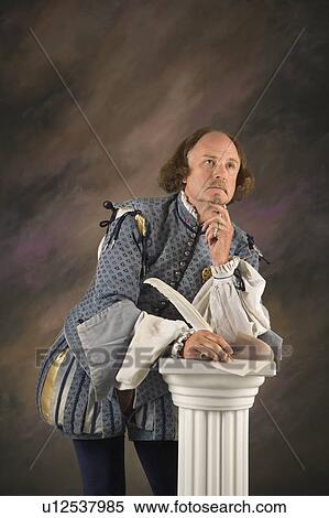 William Shakespeare in period clothing leaning on column with hand to chin in thoughtful expression View Large Photo Image Stock Photography - William Shakespeare in period clothing leaning on column with hand to chin in thoughtful expression. Fotosearch