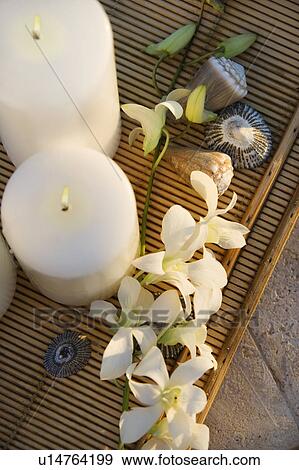 Stock Photo - Above view of lit candles on tray with white orchid flowers.. Fotosearch