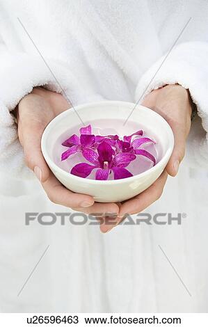 Stock Image - Caucasian woman's hands holding bowl with purple orchids floating in water.. Fotosearch