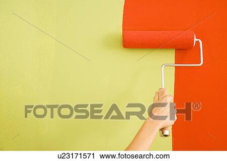 Caucasian female hand painting red over a green wall with a paint roller. View Large Photo Image Stock Image - Caucasian female hand painting red over a green wall with a paint roller.. Fotosearch
