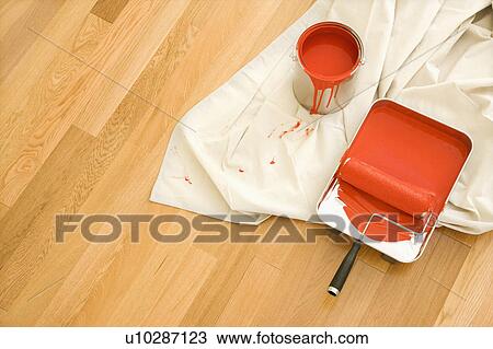 High angle view of painting supplies on drop cloth on wood floor. View Large Photo Image Stock Image - High angle view of painting supplies on drop cloth on wood floor.. Fotosearch