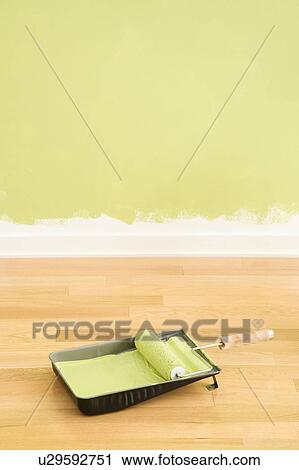 Paint roller in tray with painted wall. View Large Photo Image Stock Image - Paint roller in tray with painted wall.. Fotosearch