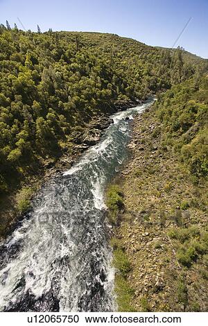 Stock Image - Aerial of South Fork American River flowing scenic landscape in California, USA. Fotosearch
