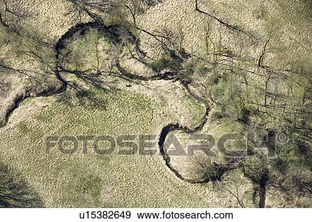 Aerial view of winding stream in rural countryside with trees. View Large Photo Image Stock Photo - Aerial view of winding stream in rural countryside with trees.. Fotosearch