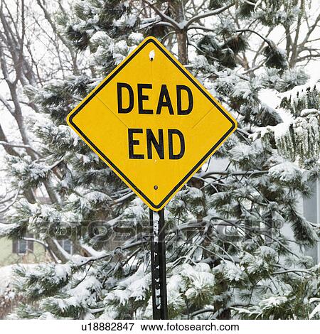 Snowy scene in suburb with evergreen trees and dead end road sign. View Large Photo Image Stock Photo - Snowy scene in suburb with evergreen trees and dead end road sign.. Fotosearch