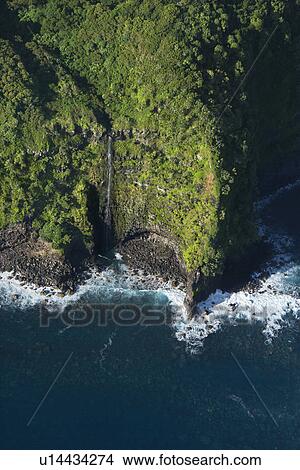 Picture - Aerial view of Maui, Hawaii coast with waterfall.. Fotosearch