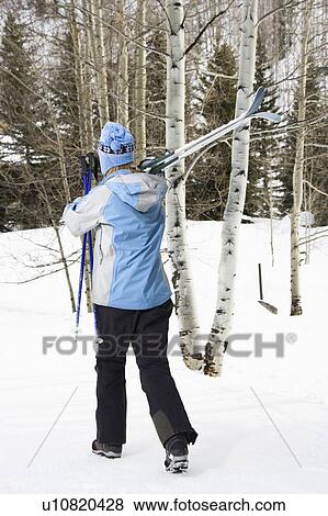Stock Photo - Rear view of mid adult Caucasian female skier wearing blue ski clothing walking and carrying skis on shoulder.. Fotosearch