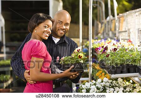 Smiling couple picking out flowers View Large Photo Image Stock Photo - Smiling couple picking out flowers . Fotosearch