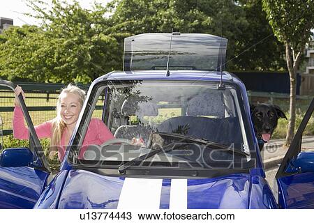 Young woman with dog in electric car View Large Photo Image Stock Image - Young woman with dog in electric car. Fotosearch