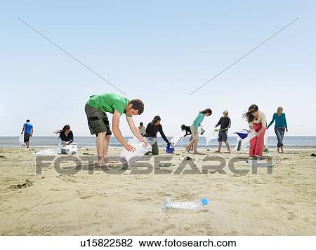 Young people collecting garbage on beach View Large Photo Image Stock Image - Young people collecting garbage on beach. Fotosearch