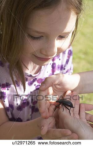 Stock Photography - Young girl looking at an insect. Fotosearch