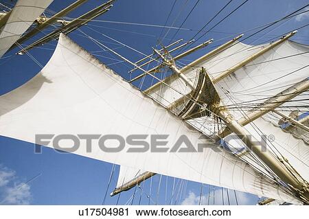 Stock Image - Low angle view of sails of a sailing ship. Fotosearch
