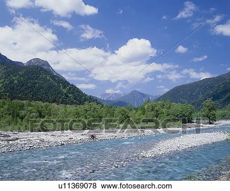 Stock Photo - "River and Mountain, Nagano, Japan". Fotosearch