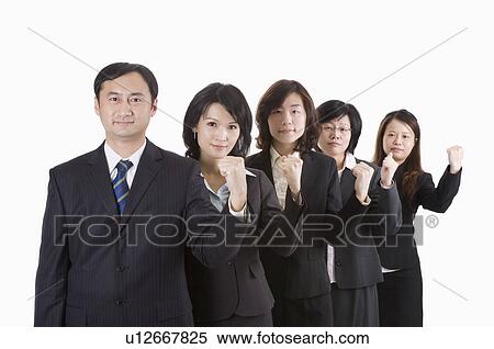 Stock Photography - Business people standing in a row with fists up, Business People. Fotosearch