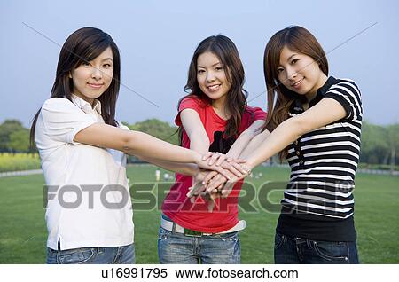 Three young women standing and reaching out hands together, Studying, Education View Large Photo Image Stock Photography - Three young women standing and reaching out hands together, Studying, Education. Fotosearch