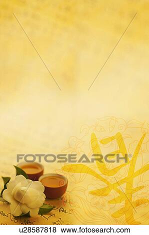 Stock Photo - Background of a flower and two cups of tea, CG, Chinese Culture, Backgrounds. Fotosearch