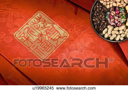 Stock Photography - Red envelopes and food for Chinese New Year, CG, Chinese Culture, Backgrounds. Fotosearch