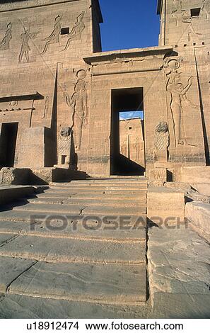 Picture - Stairway to Egyptian artwork on building. Fotosearch