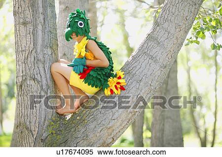 Stock Photography - A child in bird costume up in a tree. Fotosearch