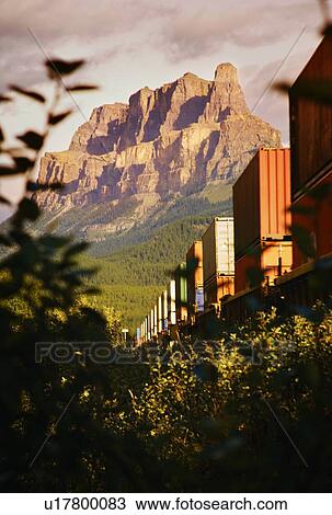 Stock Image - A train with a mountain in the background. Fotosearch