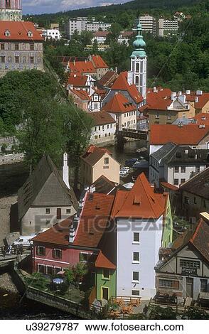 Stock Photo - Aerial view of buildings and rooftops Cesky Krumlov Czech Republic. Fotosearch