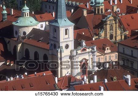 Stock Image - Aerial view over rooftops Mala Strana Prague Czech Republic. Fotosearch