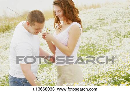 Couple enjoy a field full of daisies View Large Photo Image Stock Image - Couple enjoy a field full of daisies. Fotosearch