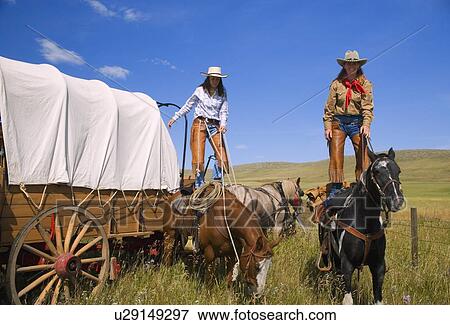 Stock Photo - Cowgirls standing on horses. Fotosearch