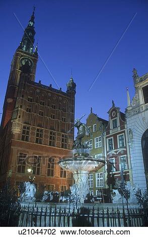 Stock Image - Neptune Fountain and Town Hall Gdansk Poland. Fotosearch
