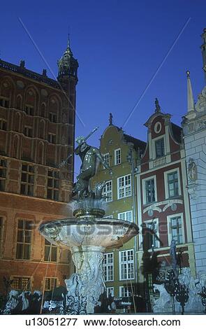 Stock Photo - Neptune Fountain at twilight Gdansk Poland. Fotosearch