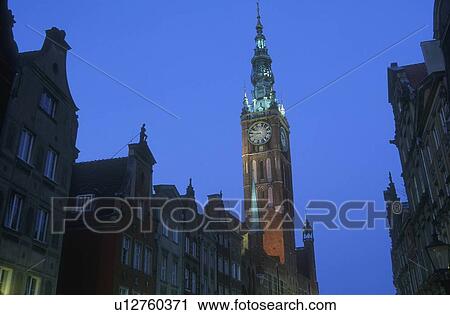 Stock Image - Town Hall at twilight Gdansk Poland. Fotosearch