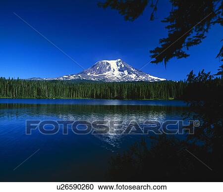 Stock Image - Mount Adams looms beyond Takhlakh Lake, Gifford Pinchot National Forest. Fotosearch