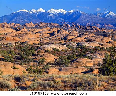 Petrified sand dunes, La Sal Mountains, Arches National Park View Large Photo Image Stock Photo - Petrified sand dunes, La Sal Mountains, Arches National Park. Fotosearch